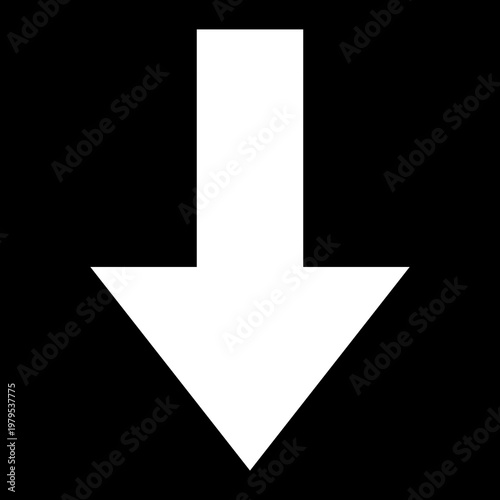 Simple white arrow icon pointing downward on black . Clean minimalist design with sharp geometric shape. For user interface, navigation, and directional signage applications.
