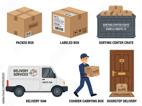 Logistics and shipping service icons: courier, delivery van, cardboard boxes, and doorstep delivery