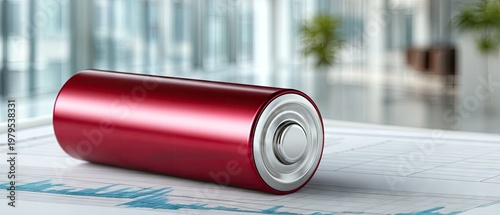 Close up of a red battery with low charge level on a white table in front of a blurred business chart showing a downward trend