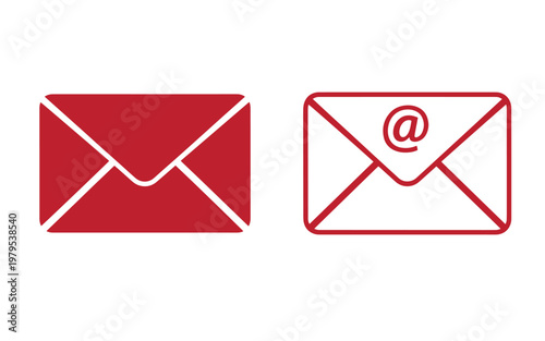 Red email two envelopes with and without an at sign white symbol