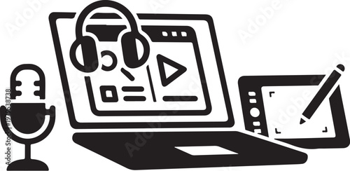 Multimedia, audio, video production, podcasting icons, black and white vector graphics