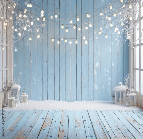 Snowy blue wood room with glowing string lights, white lanterns, and frosted branches