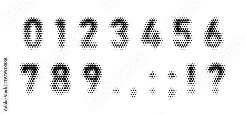 Numbers and punctuation marks, black halftone dotted pattern effect typographic numeric symbols, vector retro pixel font