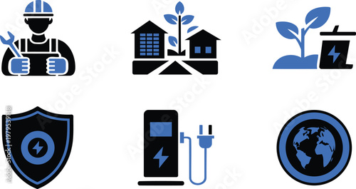 Collection of blue and black eco friendly technology icons including worker plant house battery shield globe and plug