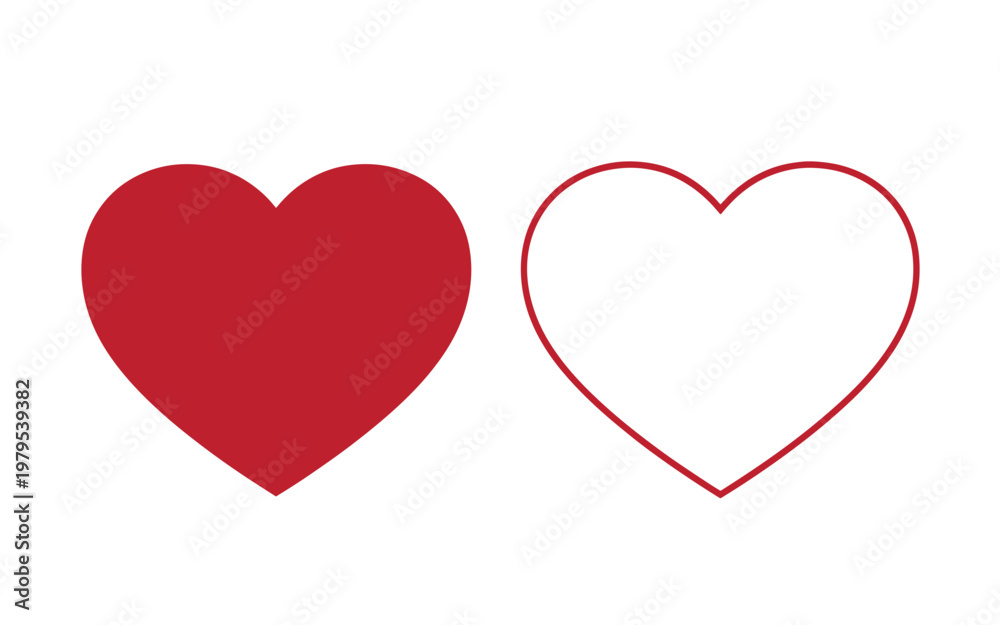 Fototapeta premium Red heart shapes, one filled and one outlined, on white background, outlined heart filled heart love symbol