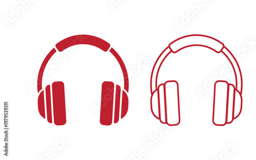 Red headphone filled and outline styles on white background, headphones