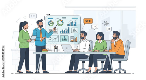 Business meeting with data analysis presentation and SEO strategy discussion