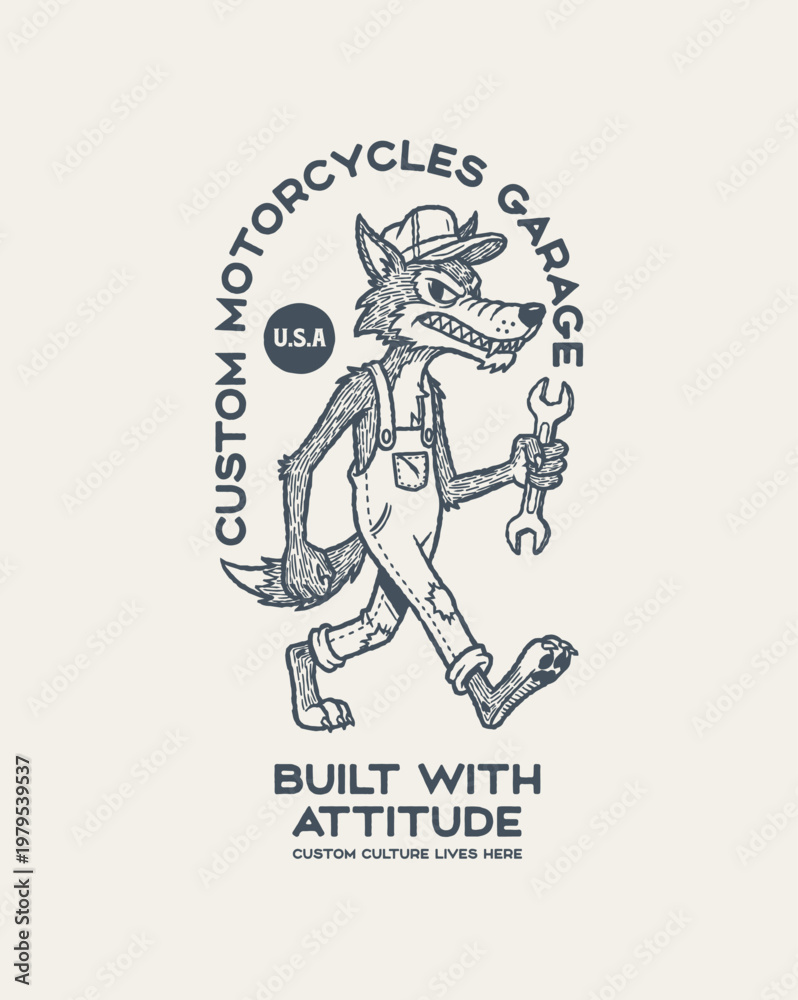 Fototapeta premium Cartoon wolf mechanic in overalls holding a wrench, walking with