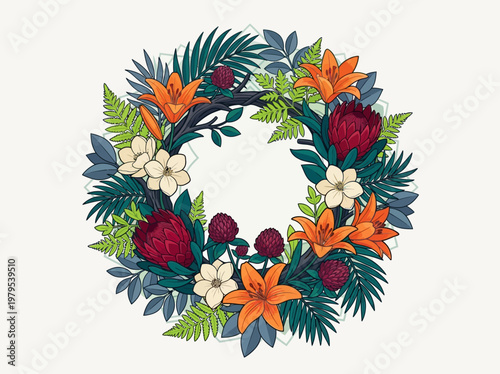 Elegant Botanical Floral Wreath with Orange Lilies, Burgundy Proteas, and Tropical Ferns; Circular Frame for Wedding Invitations, Greeting Cards, and Branding Design