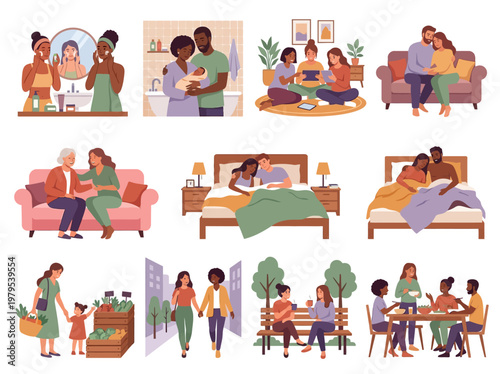 Diverse Collection of People in Daily Life Situations: Lifestyle Activities, Family, Friends, and Self-Care Vector Illustrations