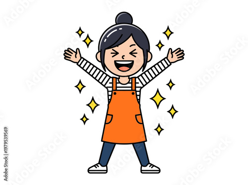 Cheerful Cartoon Woman in Orange Apron Celebrating Success with Sparkles Illustration