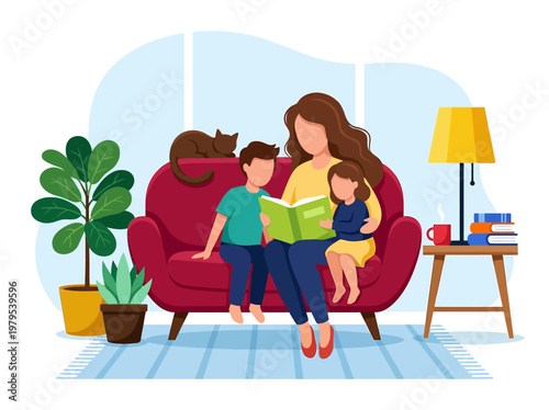 Mother Reading Story to Children on Sofa in Cozy Living Room Vector Illustration