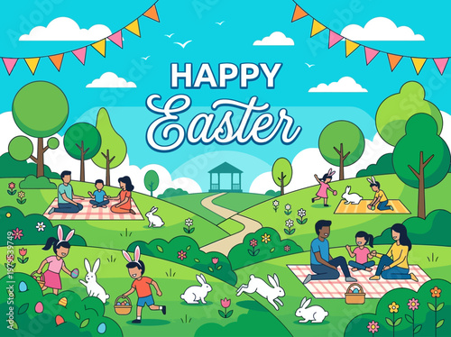 Happy Easter Illustration of Families Celebrating in a Park with Picnic, Egg Hunt, and White Rabbits in a Vibrant Flat Design Style