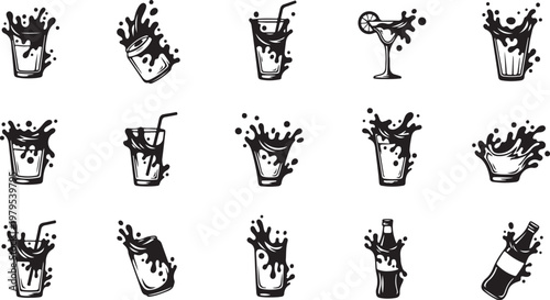 Black and white drink splash illustrations set