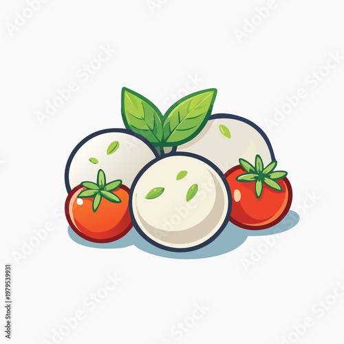 Fresh mozzarella balls with ripe tomatoes and green basil leaves on a clean white background.