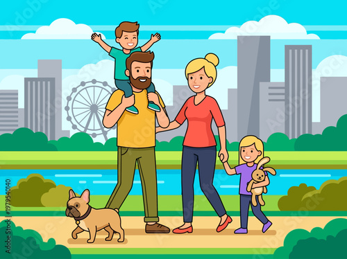 Happy Family with Two Children and Dog Walking in a City Park Flat Vector Illustration