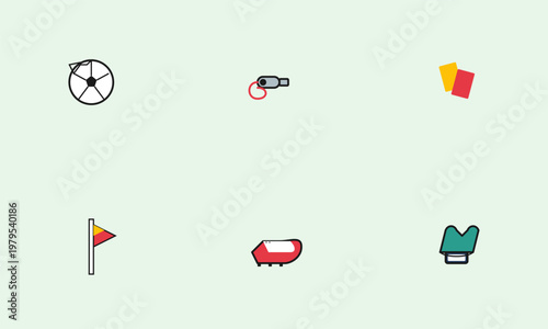 Hand-drawn soccer referee equipment icons including ball whistle penalty cards flag boot and uniform elements for authentic illustration