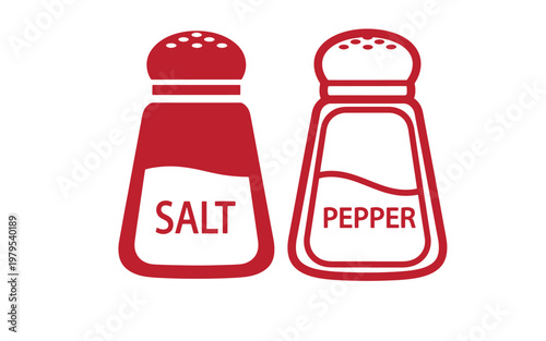 Red salt and pepper shakers, side by side, on white background, seasoning spice
