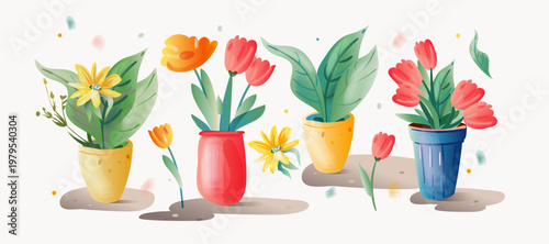 Bouquets of flowers in pots, tulips, sunflower, asters and plant. Home flowers grown. Watercolor style illustration perfect for gift cards, post cards, greeting cards, t-shirts and other designs