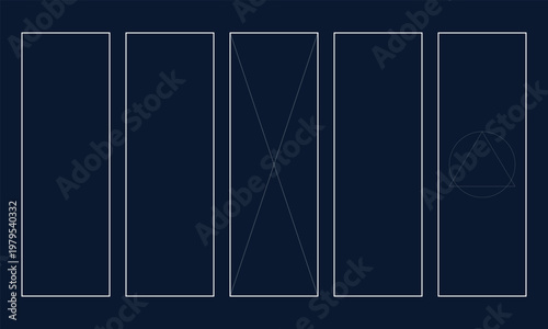 Hand-drawn architectural blueprint schematic featuring vertical rectangular frames with geometric symbols on dark background illustration