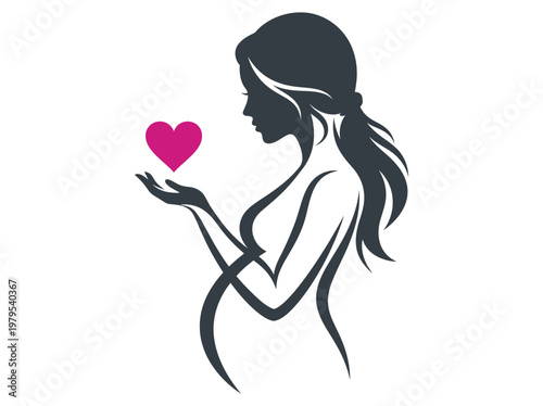 Pregnant Woman Silhouette with Pink Heart Icon - Vector Illustration Symbolizing Motherhood, Love, and Maternal Health Care