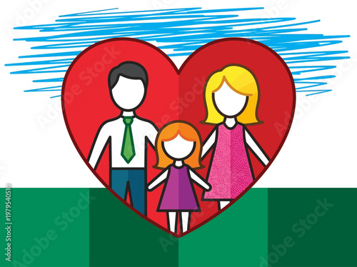 Family Love and Unity Illustration: Mother, Father, and Child Inside a Red Heart for Insurance and Healthcare Concepts