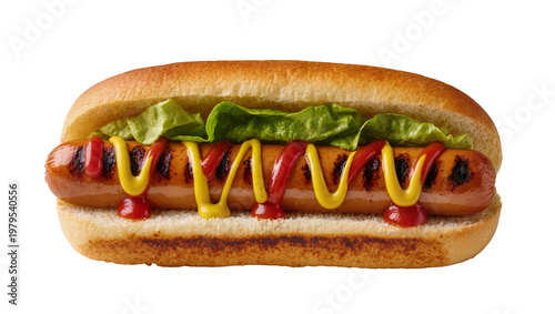 Obraz na plátne Classic hotdog in bun with ketchup mustard relish, lettuce