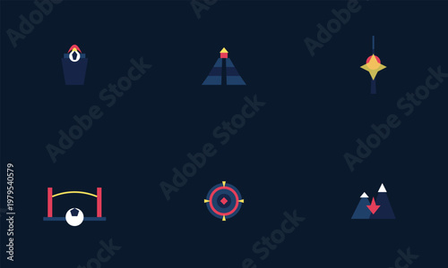 Hand-drawn geometric icons of world cup host city landmarks featuring stadium pyramid tower and sports symbols authentic illustration