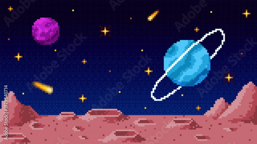 A pixelated space landscape with craters, planets, and a starry sky. 8-bit style.