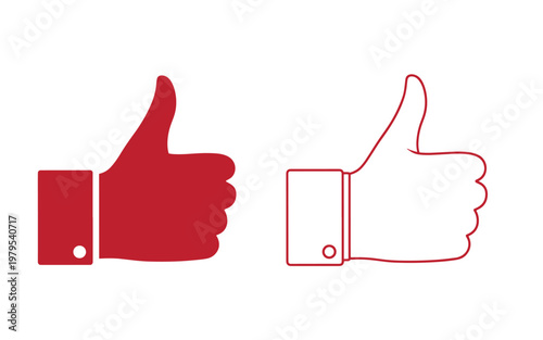 Red thumbs up solid and outlined, on white background, thumbsup like approve approval
