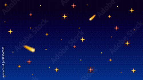 Burning meteorites flying in dark space starry sky pixel art, galaxy vector cartoon retro 8 bit video game background