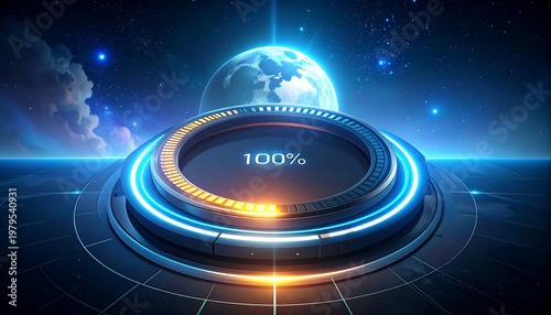 Futuristic Digital Loading Circle with 100 Completion Displayed.