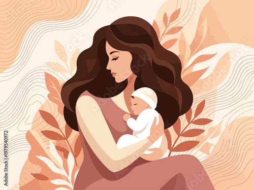 Minimalist Flat Illustration of Mother Holding Newborn Baby, Boho Style Art with Earth Tones and Botanical Elements for Mother's Day and Parenting Concept