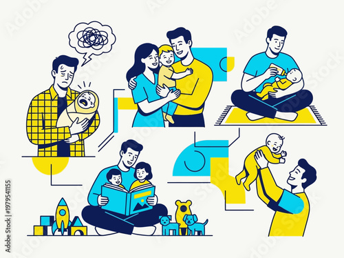 Fatherhood and Parenting Concept Illustration: Modern Flat Vector Scenes of Dads with Babies and Toddlers