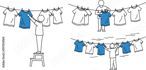Laundry and Clothes Hanging Icon Set Featuring Stick Figure Illustrations of Clothesline with Shirts for Household, Chores, and Domestic Life Illustrations