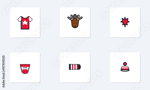 Hand-drawn set of six minimalist Canada soccer fan icons including jersey moose and winter gear for authentic illustration