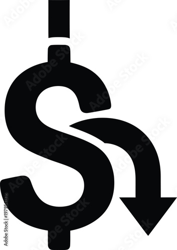 Dollar sign, decreasing value, currency down, finance vector icon, economic decline