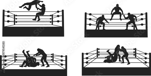 Wrestling Action Icon Set Featuring Silhouettes of Fighters in Dynamic Poses and Wrestling Ring Moves for Combat, Sports, and Athletic Illustrations