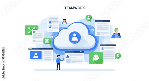 Teamwork and Collaboration Cloud Concept with People and Documents