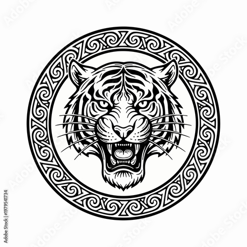 Esports black and white circle logo of a wild tiger, ferocious predator ready to hunt and dominate the game with strong, fast and deadly performance