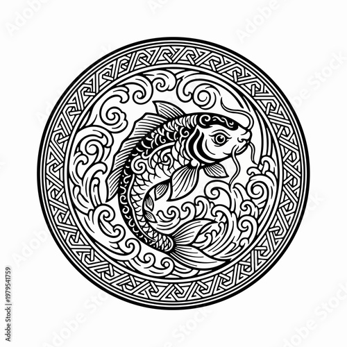 Esports black and white circle logo of a wild koi fish, ferocious predator ready to hunt and dominate the game with strong, fast and deadly performance