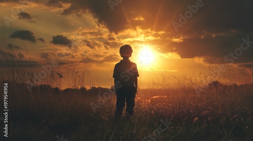 Child contemplates sunset over golden field. Silhouette of a young person standing in a field as the sun sets, creating warm golden hues