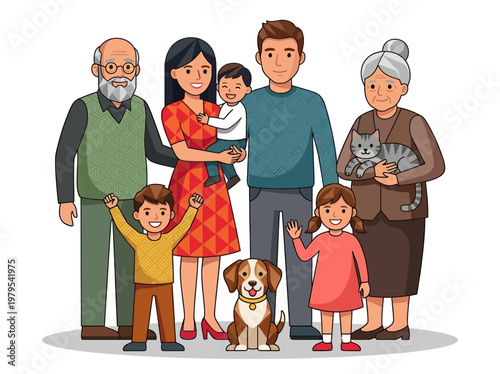Happy Multi-generational Family Portrait with Grandparents, Parents, Children, and Pets; Flat Vector Illustration of a Big Smiling Family
