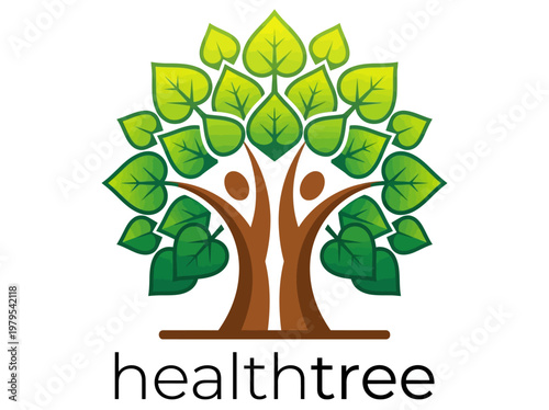 Health Tree Logo Icon - Conceptual Graphic of Human Figures as a Tree with Green Leaves, Symbolizing Wellness, Growth, Life, and Vitality