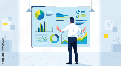 Business Analyst Examining Financial Data Charts on Interactive Screen