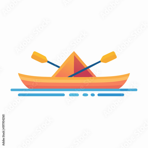 Stylized orange canoe with yellow paddles floating on blue water, depicting a recreational activity.