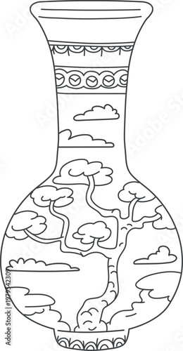 Elegant traditional Asian vase with a tree, vector vintage oriental pottery with black and white floral ornaments