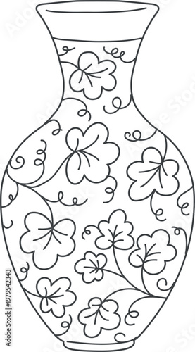 Traditional Asian vase line art, vector vintage oriental pottery with black and white floral ornaments, flowers pattern