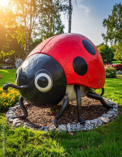 Large, whimsical garden sculpture of a cartoon ladybug, vibrant colors, set against a backdrop of park greenery and sunlight