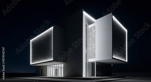 Modern architectural design illuminated at night, minimalist structure.
